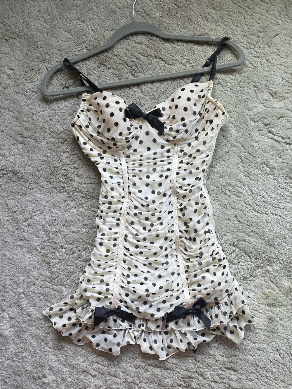 Victoria's Secret Cream and Black Polka Dot Ruffle Chemise